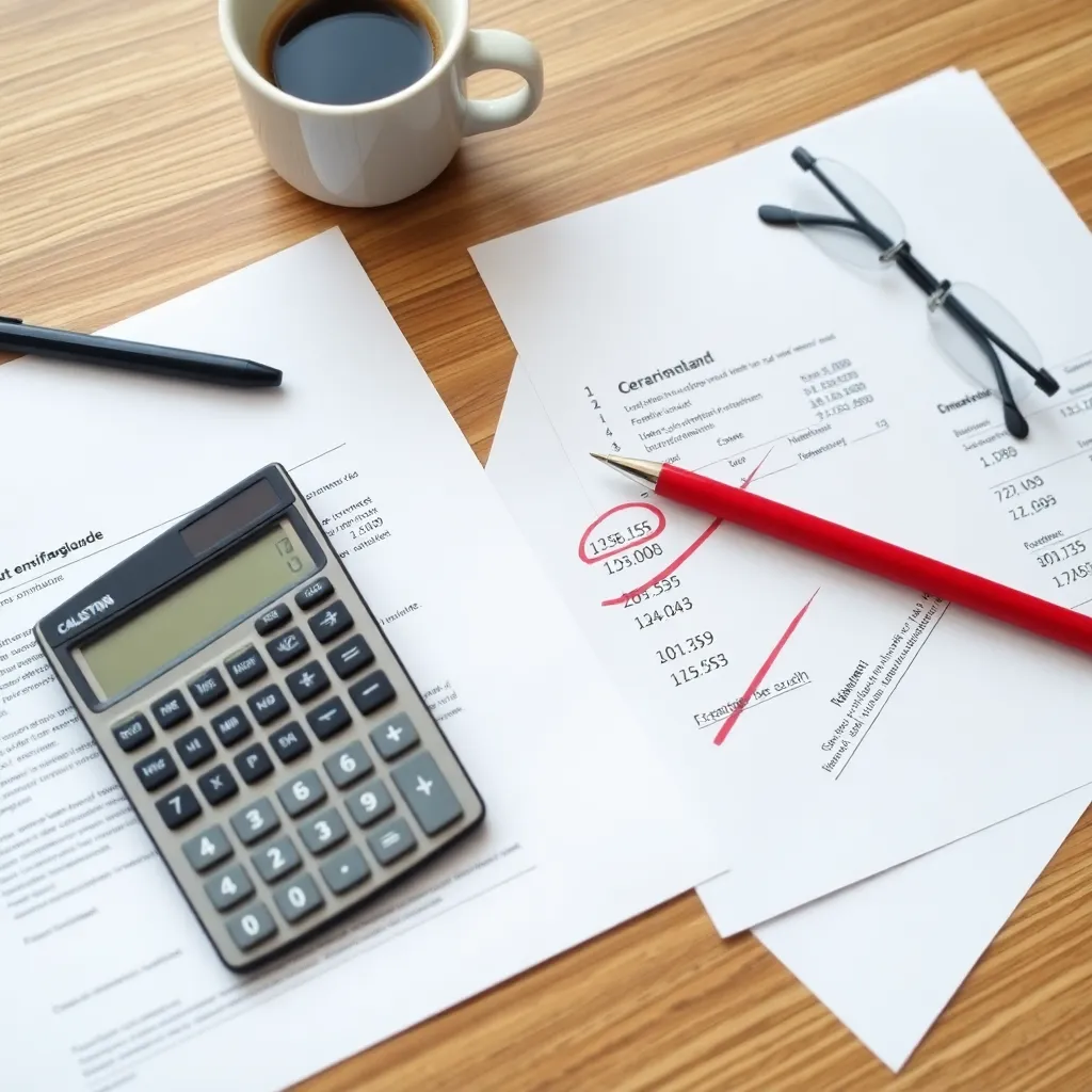 Financiële documenten met rekenmachine en rode cijfers