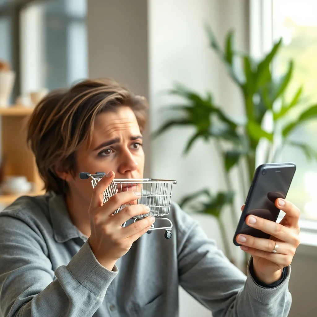 Persoon kijkt peinzend naar online winkelwagentje op smartphone
