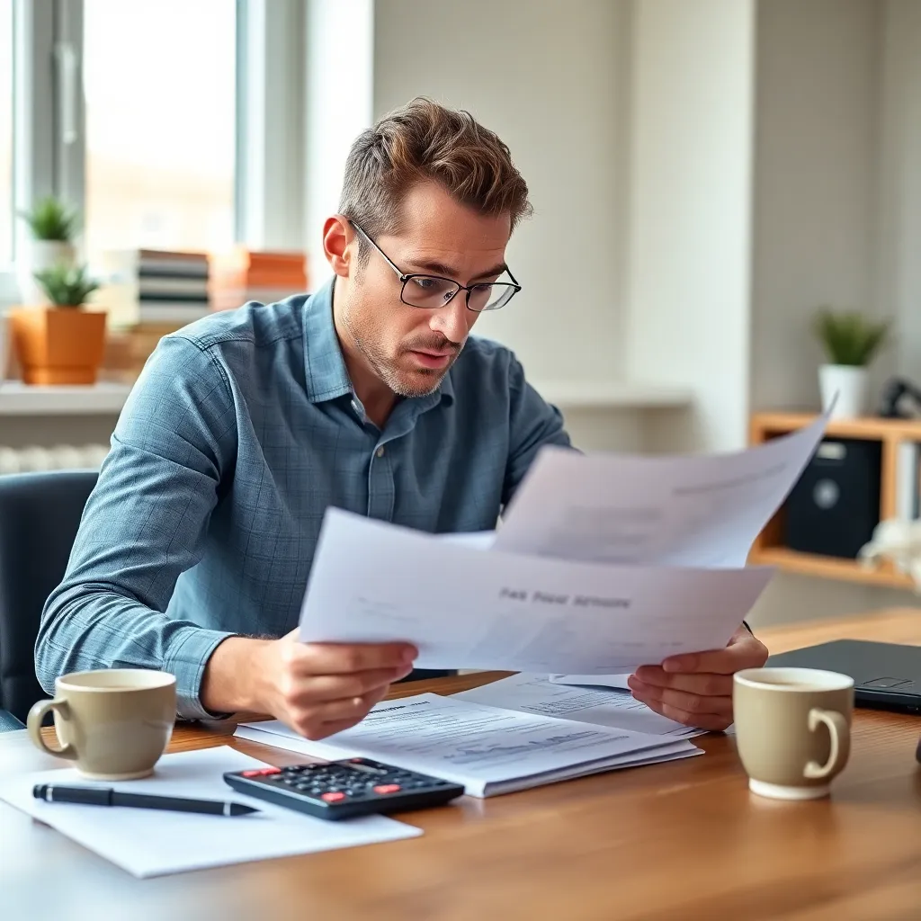 Persoon die belastingformulieren invult met zichtbare frustratie