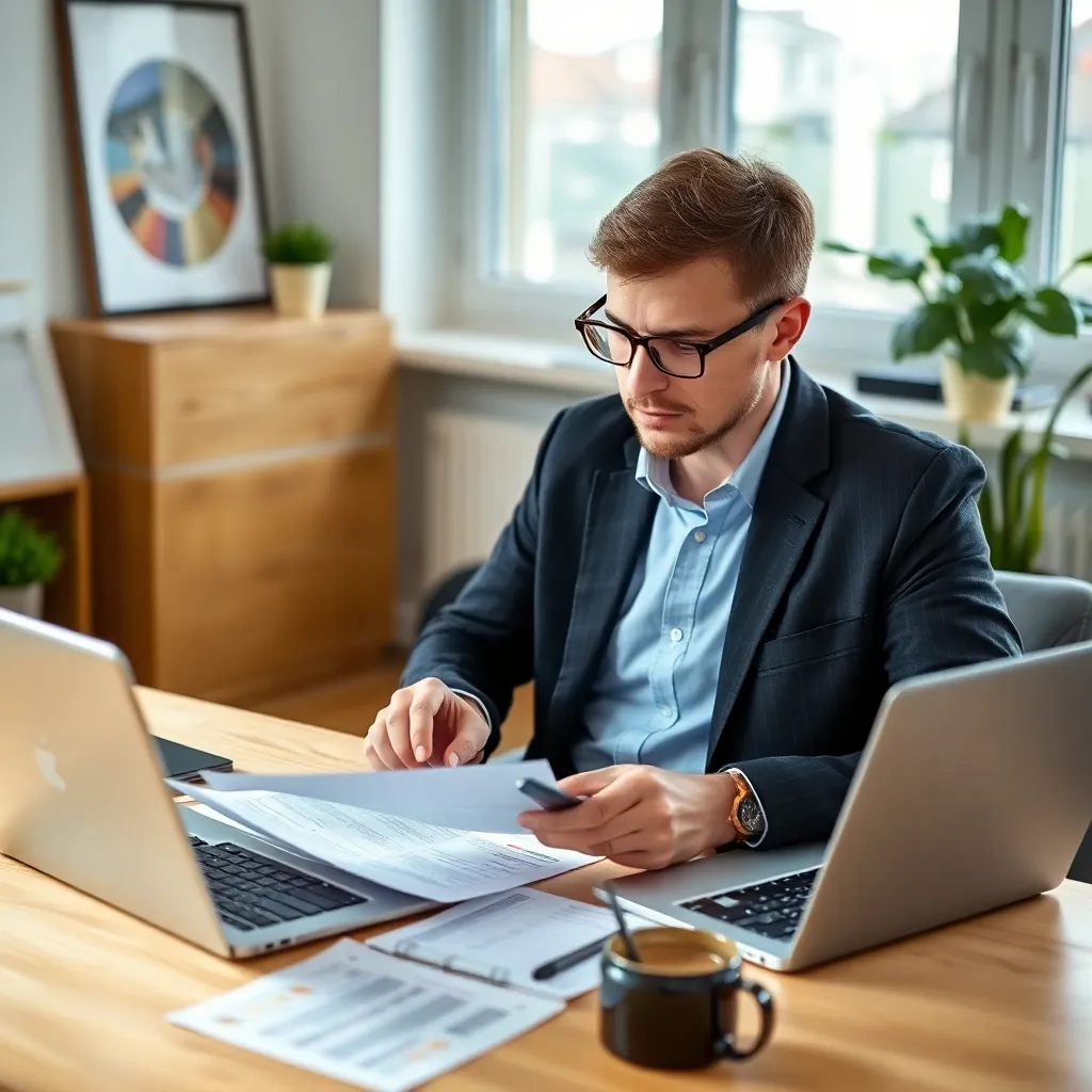 Persoon die financiële documenten bestudeert met een calculator