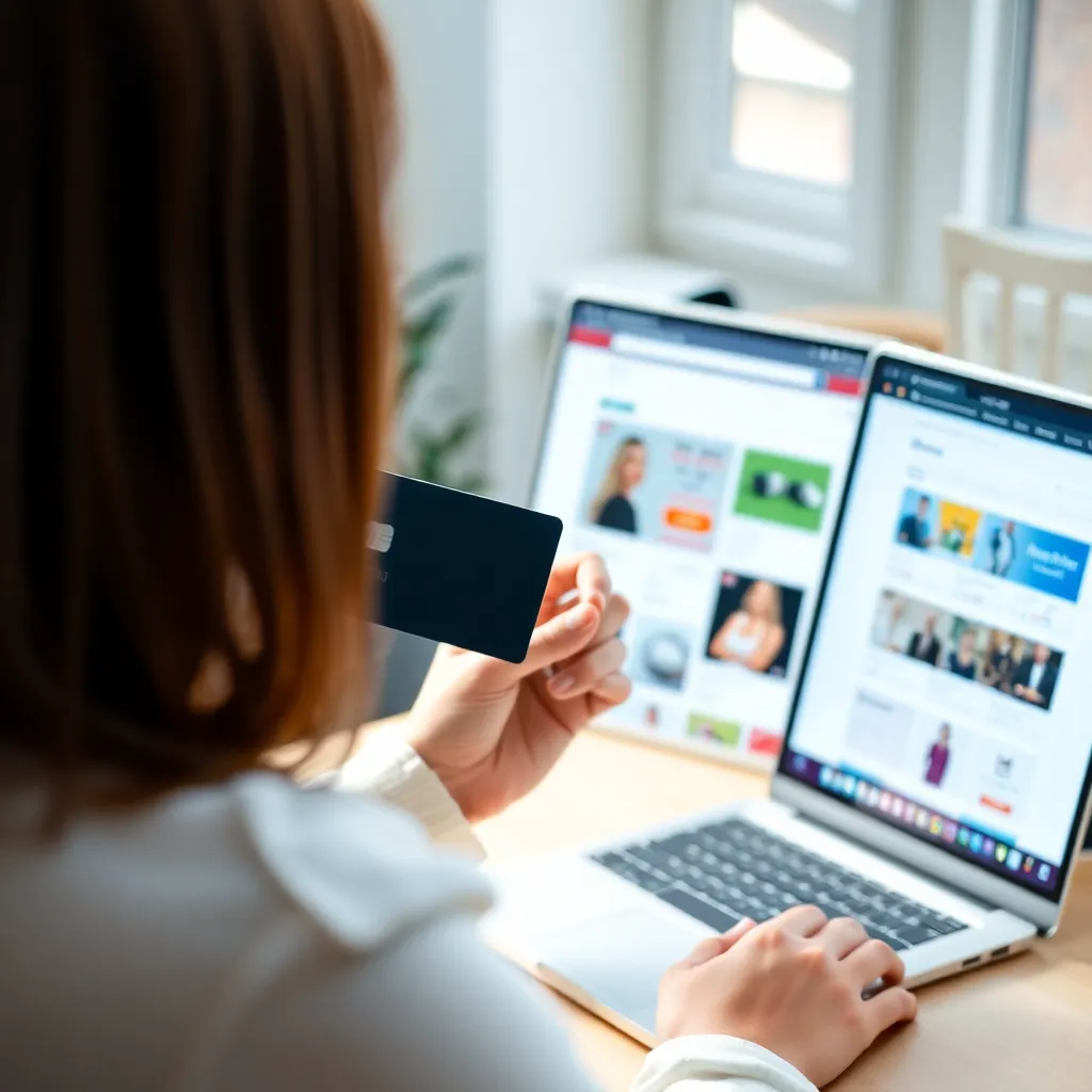 Persoon die online winkelt met creditcard in de hand