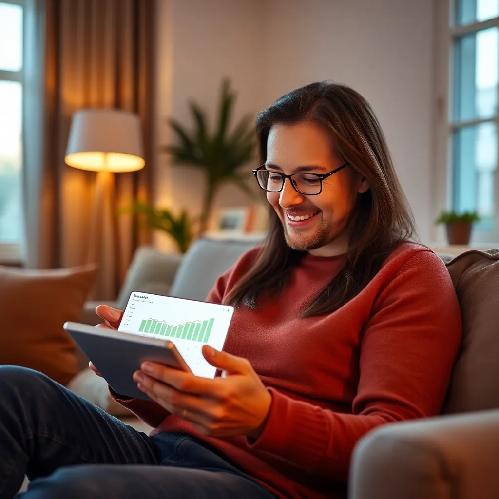 Tevreden persoon bekijkt groeiende spaarrekening op tablet