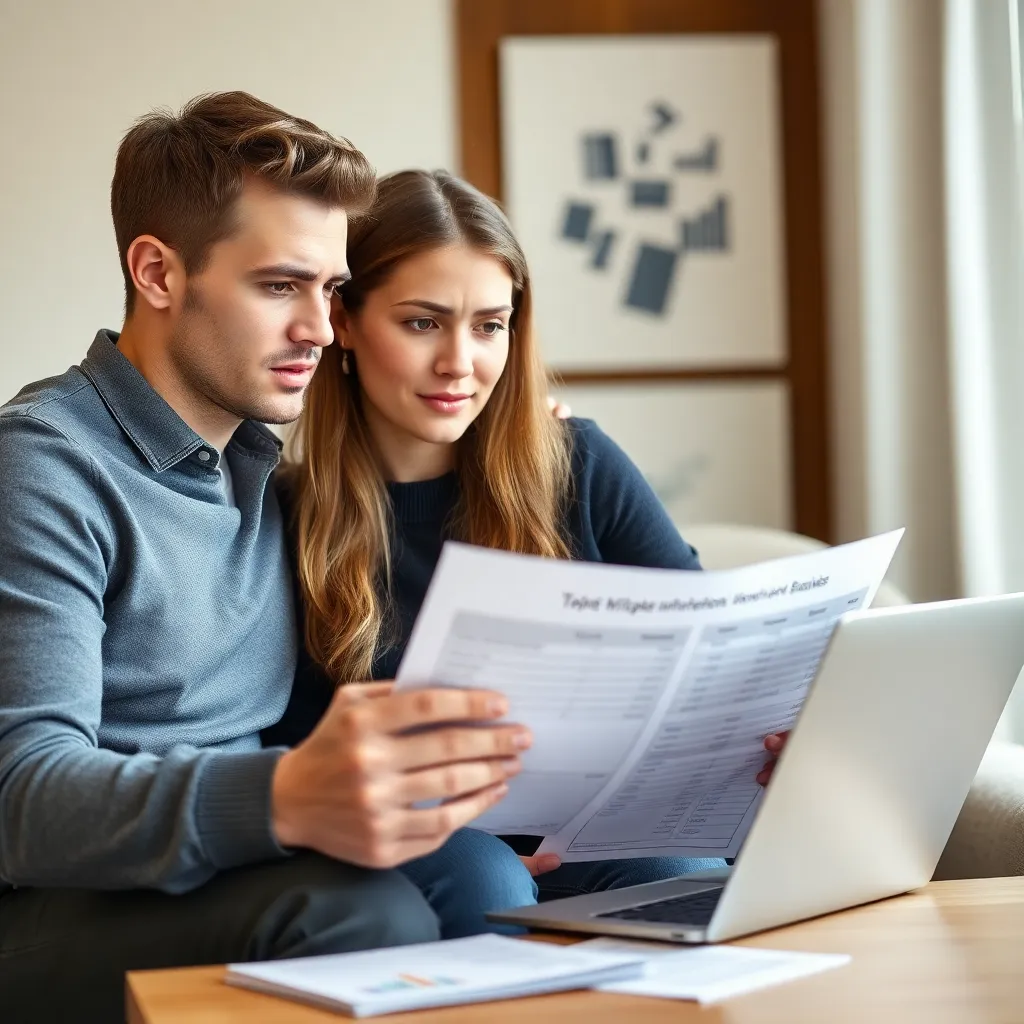 Jong koppel dat bezorgd naar hun laptop kijkt met financiële documenten